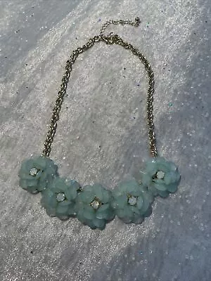 J. Crew Clear Rhinestone Blue Floral Statement Necklace 21 In Gold Tone • $16.99