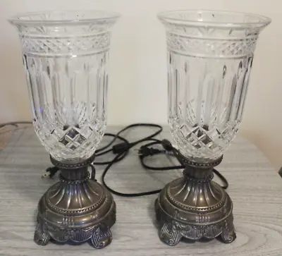 Beautiful Pair Of Godinger Silver Art Crystal Cut Glass Hurricane Table Lamps • $115.77