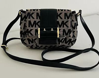 Michael Kors Jet Set Black & Beige MK Logo Crossbody Shoulder Bag Handbag • $20.50
