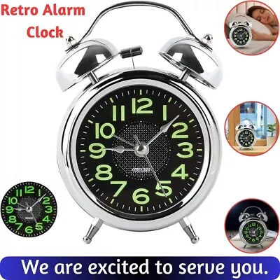 Retro Alarm Clock Non-Ticking Alarm Clocks Mechanical Double Bell W/ Night Light • £8.97
