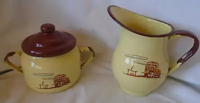 MONTERREY WESTERN WARE Vintage Colletible Enamelware CREAMER SUGAR Rare 2 Cloud • $550