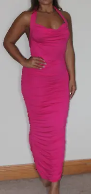 £14 • Buy Asos Bright Pink Halter Neck Ruched Maxi Body Con Dress Size 12