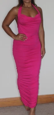 £14 • Buy Asos Bright Pink Halter Neck Ruched Maxi Body Con Dress Size 12