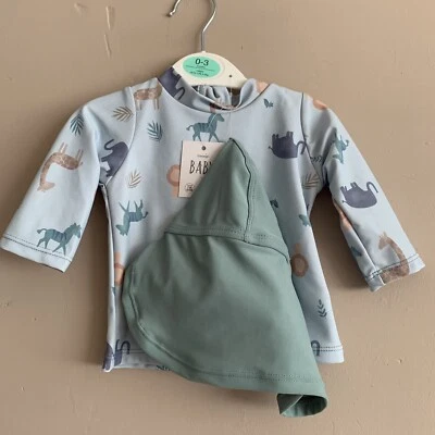 George Baby Boys Swimsuit Shirt & Hat 0-3 Months BNWT • £4.95