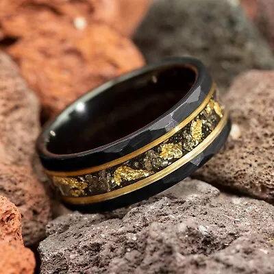 Meteorite & Gold Leaf Hammered Black Tungsten Mens Wedding Ring 8mm Comfort Fit • $149.99