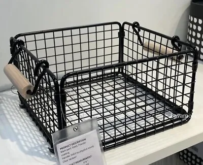 Ikea NÄTADE Wire Basket With Wood Handles Black 11×11×4¾  BRAND NEW • £41.43