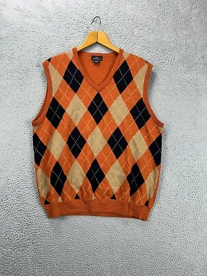 Brooks Brothers Vest Mens Large 346 Orange Argyle Italian Merino Wool Sweater • $31.35