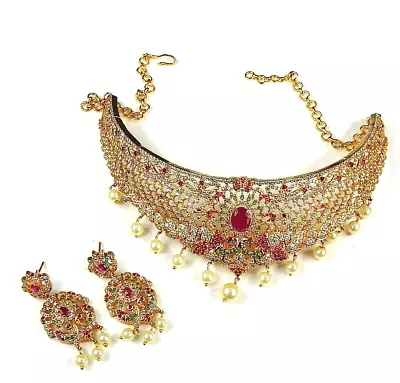 Vintage Crystal Polki Bridal Kundan Indian Bollywood Choker Earrings Set Lot • $49.99