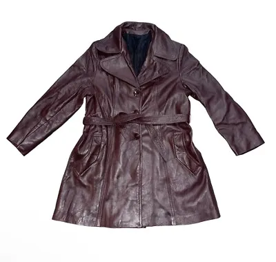 Vintage 70's Leather Trench Coat Burgundy Lined Long Ladies 15/16 Belted • £72.38