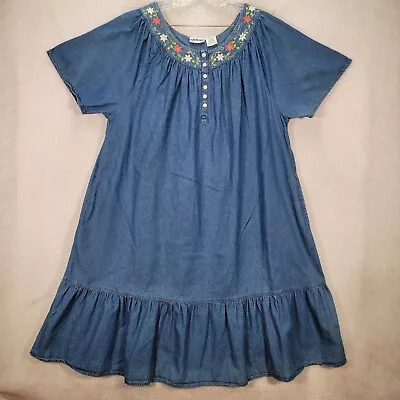 National Womens Dress Plus Size 3X Blue Denim Floral Pleated Muumuu Ruffle Swing • $25.95