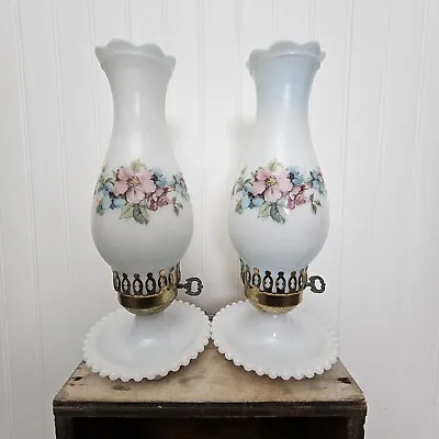 Vintage Set/Pair 2 Milk Glass Hobnail Hurricane Electric Lamps Blue Pink Flowers • $40