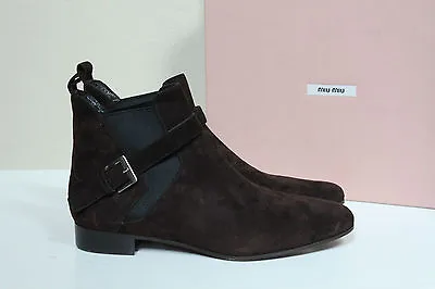 New Sz 8.5 / 38.5 Miu Miu Brown Suede Pointed Toe Ankle Buckle Strap Bootie Shoe • $345