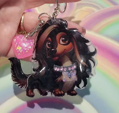 Adorable Animated Sassy Dachshund Rhinestone Collar Bow. Glitter Bow Keychain • $16.95