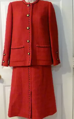 Chanel Vintage 2pc Red Wool Whipstitch Jacket Skirt Suit Sz 0 • $1500