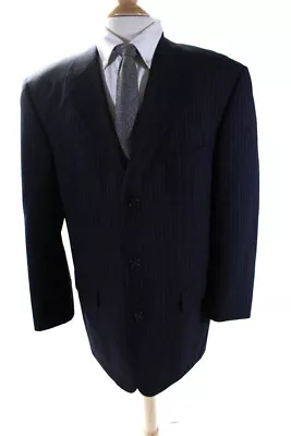 Tasso Elba Mens Pinstriped Three Button Blazer Navy Blue Wool Size 43 • $2.99