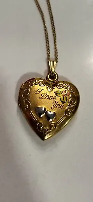 Vtg 1/20 14kt Gold Filled I LOVE YOU Engraved W/Flower Locket With Chain • $69