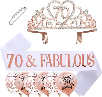 70th Birthday Sash Tiara Balloons Rose Gold 70 Gift Accessory Pearls Rhinestone • £7.99
