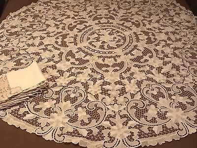 Stunning Antique Point De Venise Ecru Round 68 D Tablecloth & 8 Matching Napkins • $349.99