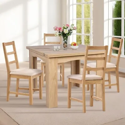 Oak Flip Top Extending Table With 4 Ladder Back Oak Chair With Beige Seat Pads • £379.99