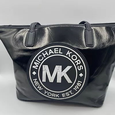 Michael Kors Black Patent Leather Tote Bag With Large White Logo On Front • $35