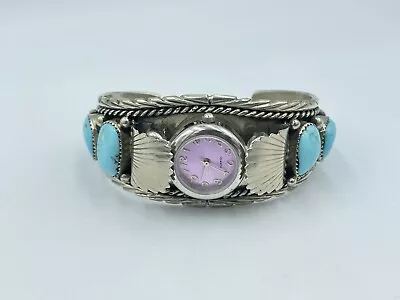 Vintage Laura J Dabbs Navajo Sterling Silver Turquoise Watch Cuff Bracelet • $119.99