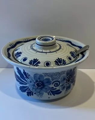 Vintage Delfts Schoonhoven 5” Condiment Pot/Jar & Spoon - Made In Holland • $23