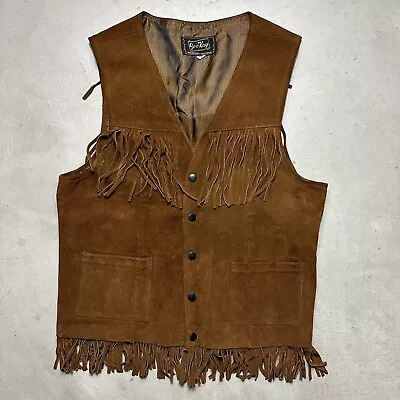 Vintage 70s Joo Kay Western Leather Suede Vest Pioneer Fringe Mens Size 44 / M • $90