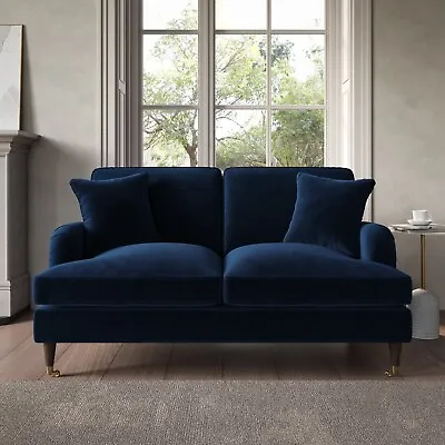 Navy Velvet Sofa 2 Seater With Ruched Saddle Arms Wood Gold Legs Traditional • £599.92