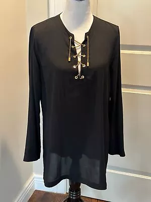 EUC MICHAEL KORS Black Silk Tunic Metal Lace Up Front SZ L • $120