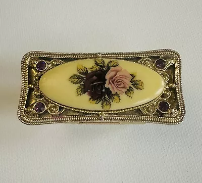 Vintage Lipstick Holder With Mirror Gold Tone Filigree Purple Rhinestone Flower • $18