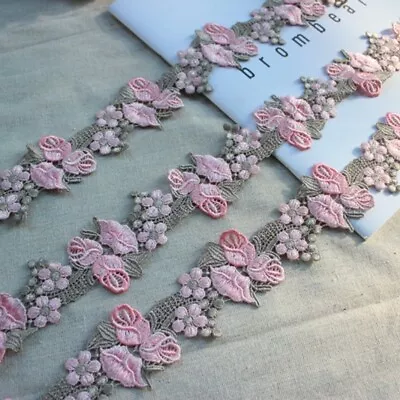 2Yards Pink Venice Lace Trim Flowers Lace Fabric Sewing Dress Cloth DIY Craft • $5.99