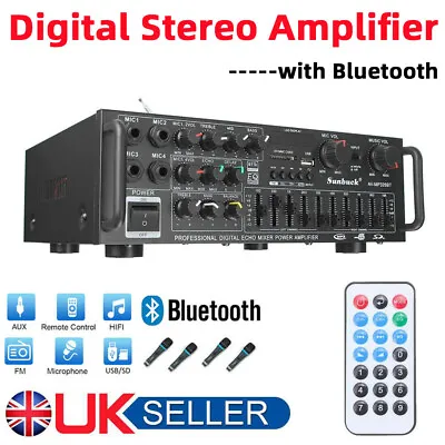 HiFi Bluetooth Power Amplifier Stereo Audio FM MIC AMP 2CH Remote 2000W Car Home • £39.80