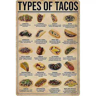 Vintage Metal Sign Wall Decal Types Of Tacos Knowledge Tin Sign Poster For Home  • $15.48
