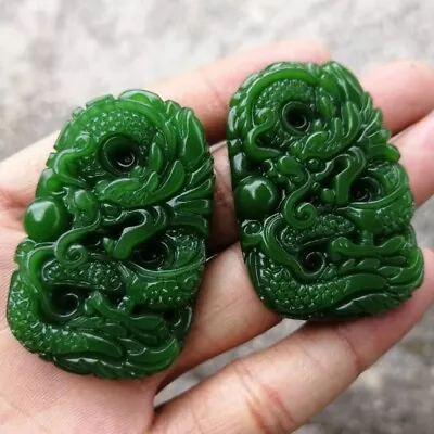 Natural Jade Pendant Dragon Green Jade Statue Amulet Jade Necklace Hand Carving • £7.46