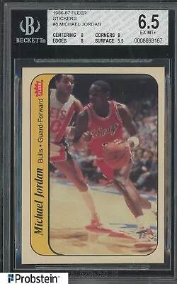 1986-87 Fleer Basketball Sticker #8 Michael Jordan RC Rookie HOF BGS 6.5 EX-MT+ • $436.01