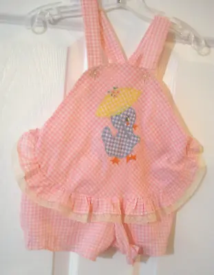Vintage Sweet Talk Pink Gingham Girls Romper Applique Duck Size 12 Months • $15.99