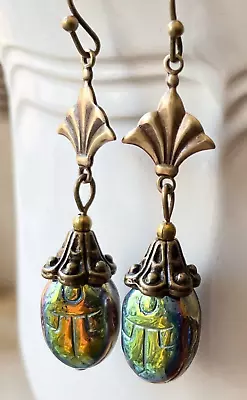 Scarab Earrings Egyptian Revival Iridescent Antique Czech Glass & Brass Drops • $22