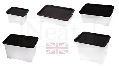 Plastic Clear Storage Boxes - Black Lid Strong Durable Home Office Stackable  • £80