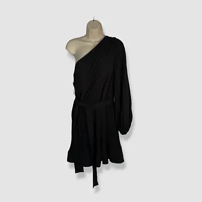 $395 Milly Women's Black Linden Pleated One-Shoulder Flounce Mini Dress Size 12 • $110.78