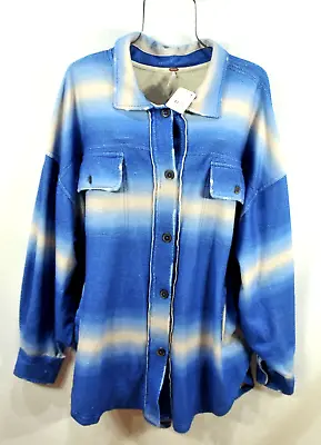 Free People Ruby West Shirt Jacket Ombre Stripe Brushed Blue White Size  L NEW • £36.16