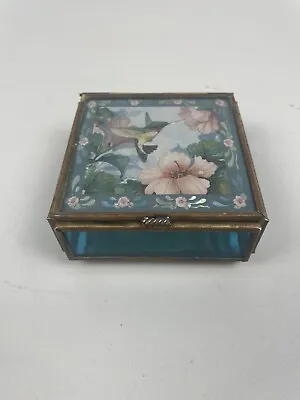 VTG Enesco Hummingbird Trinket Jewelry Box Glass Brass W/ Mirror Bottom Mexico • $9