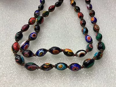 Vintage Venetian Murano Millefiori Bead Necklace Black Oval 30 Inches Hand Knot • $74.99