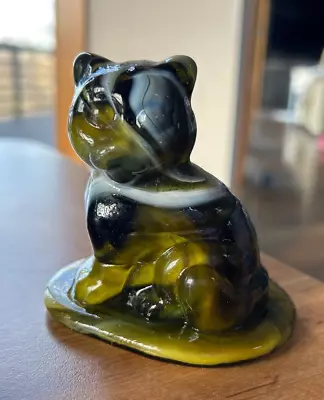 Vintage Viking ? Fenton Slag Glass GREEN Cat Sitting Figurine • $55