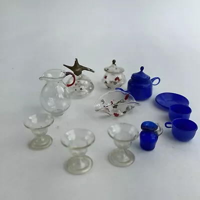 Antique Dollhouse Doll Miniature Blown Glass Blue Tea Pot Lot 12 Hand Painted • $40.94