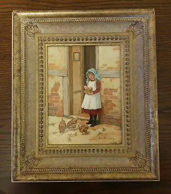 Glynn Williams (b.1955). Oil Painting On Board. Young Girl Feeding Chickens • £69.99