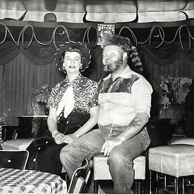 Yi Photograph Cute Couple Man Wearing Racoon Skin Hat Tail 1950s Western Costume • $14.96