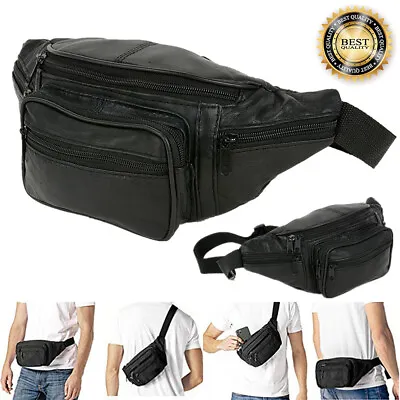 Fanny Pack Black Genuine Leather Waist Bag Travel Purse Hip Belt Carry On Pouch • $12.99