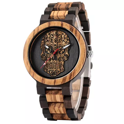 Wooden Watches For Men Skull Dial Steampunk Bracelet Full Wood Strap Wristwatch • $41.68