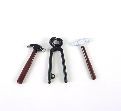  Dollhouse Miniature Set Of 3 Metal Tools Hammer Pliers Mallet B0100 • $2.49