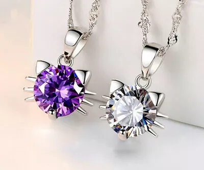 £3.49 • Buy Cat Face Zircon Pendant 925 Sterling Silver Necklace Chain Womens Jewelry Gifts 